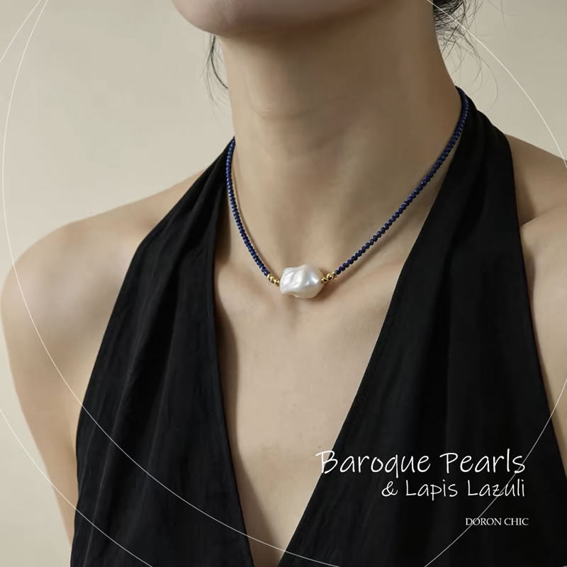 Lux Baroque Pearl & Lapis Lazuli Necklace: A Masterpiece of Contrast
